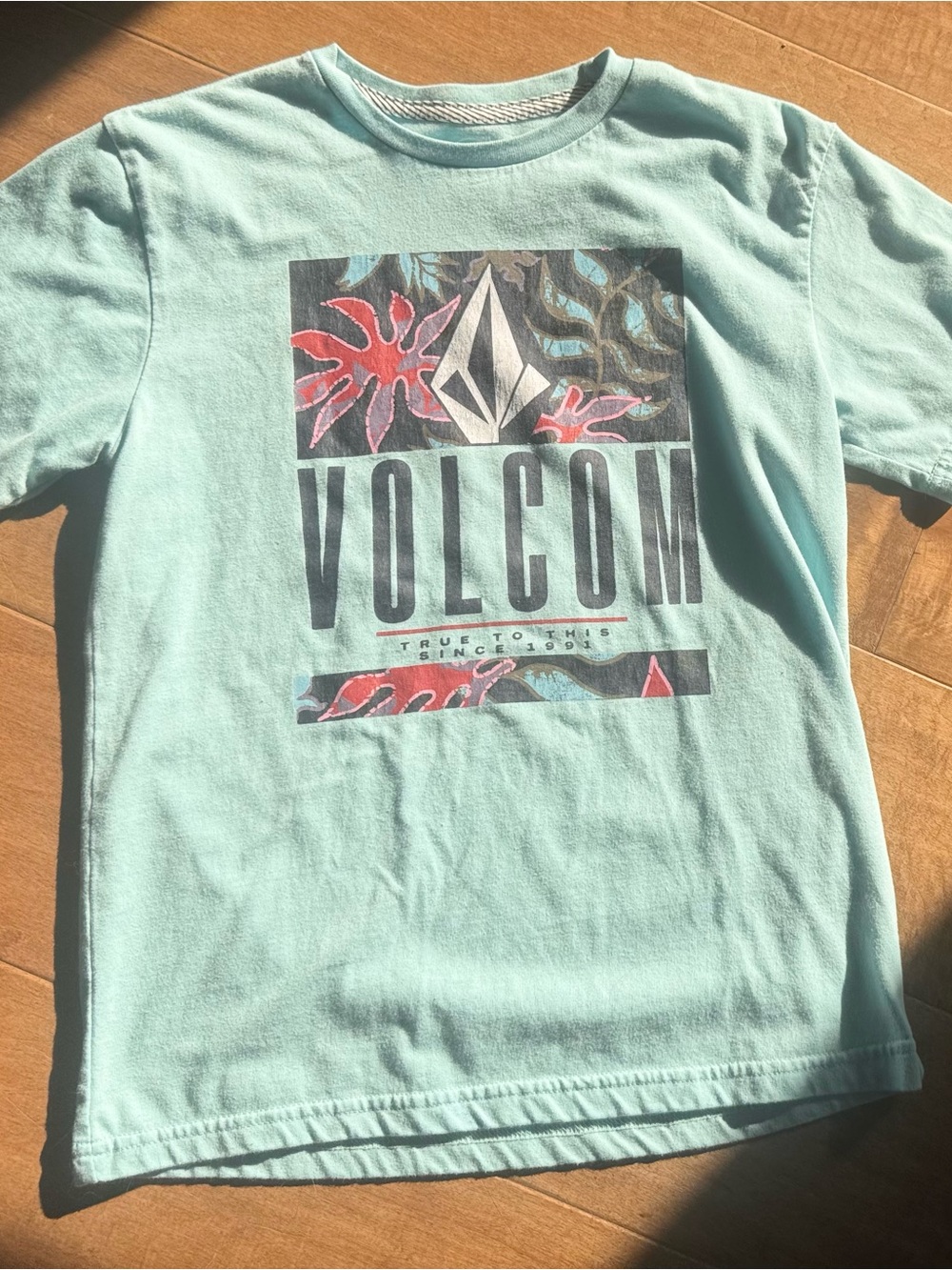 Volcom Teal Short Sleeve Graphic Tee with Coral Accents